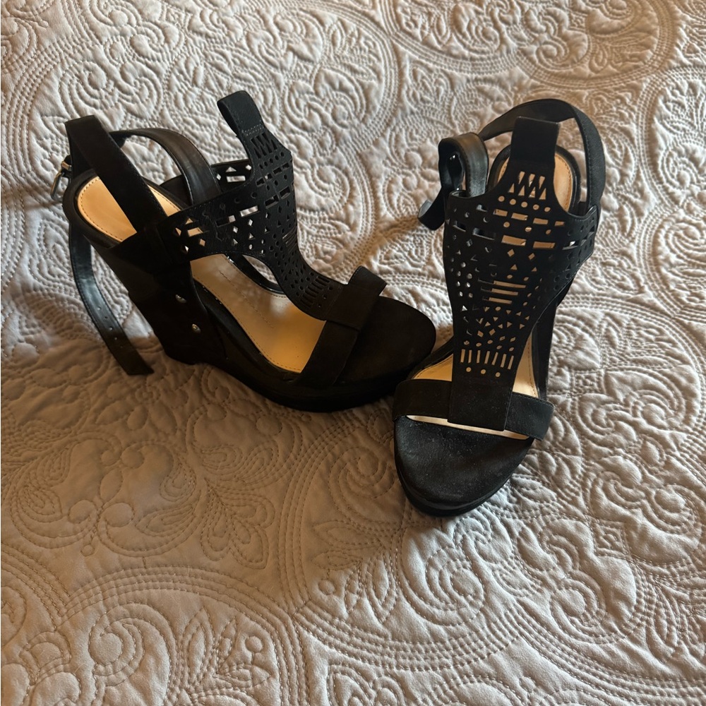 Gianni Bini Black Laser-Cut Wedge Sandals